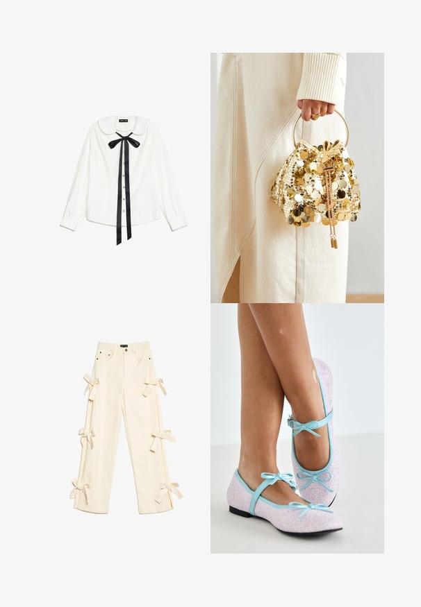 Vit långärmad blus med Peter Pan-krage, svart satinfluga vid halsen och framknäppning med pärlknappar.; Krämfärgade vida byxor med hög midja, fem fickor, metallknapp och tygrosetter knutna längs båda byxbenen.; Ballettskor med en rosa glittrig utsida, blå läderdetaljer och accenter, med rosetter på justerbara remmar och en liten svart klack.; Gul paljettdragväska med ett cirkulärt handtag, featuring glänsande runda paljetter och en texturerad tyg. Måtten är inte angivna.
