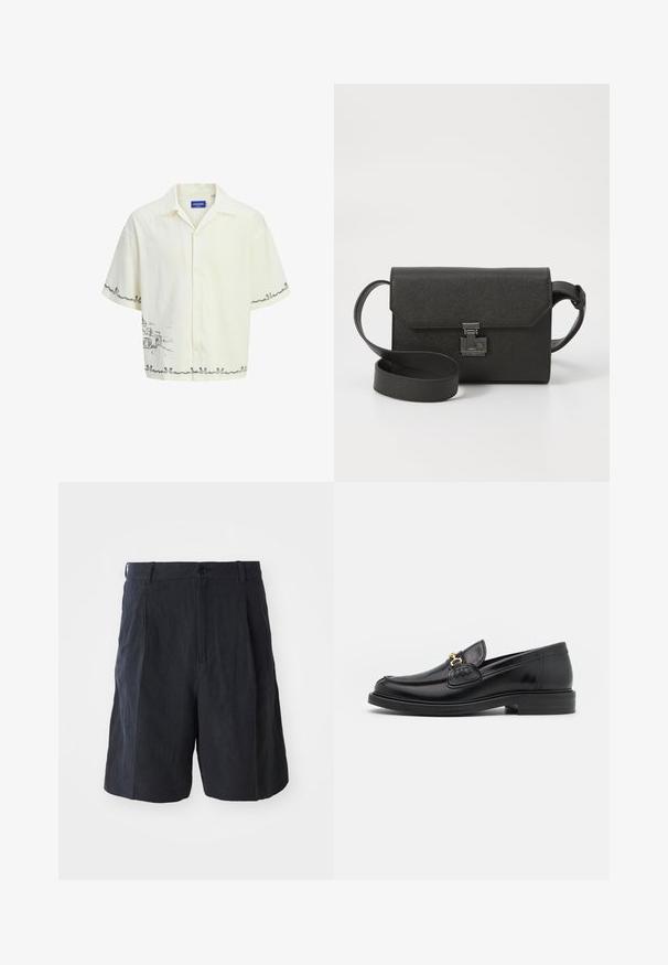 Short-sleeve, light cream shirt with a collared neck, featuring a gray sketch design on the front and decorative hem detailing.; Weekday LOOSE SUIT - Shorts - black; Black leather loafers with a rounded toe, featuring gold hardware accent and stitching detail, set on a low, textured rubber sole.; Black leather crossbody bag with a textured finish, flap closure, metal hardware, and a matching adjustable strap.