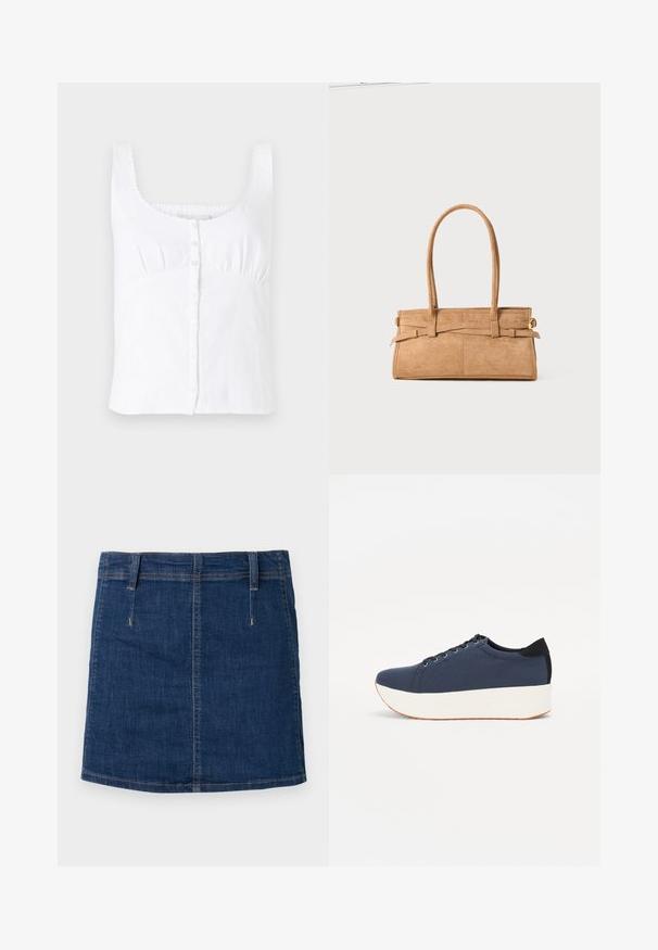 Balta lininė be rankovių palaidinė su apvaliomis iškirptėmis, priekyje su sagų uždarymu ir subtiliais siuvinėjimais ant petnešėlių. Lygus sluoksnis.; Tamsiai mėlynas džinsinis sijonas, turintis prigludusį dizainą, priekinėmis kišenėmis ir matomais siuvimo detalėmis. Sijonas turi tiesią apatinę dalį ir diržo kilpos.; Tamsiai mėlynas sportinis batelis su tekstūruotu audiniu viršuje, baltu platformos padu, apvaliu pirštu ir juodu kulno akcentu.š. Yra šešios skylės raišteliams.; Žalias suedinių rankinukas su dviem ilgais rankenomis, stačiakampio formos ir dekoratyviniu siuvimu. Jame yra šoninė dirželis ir subtili auksinė hardware akcentai.