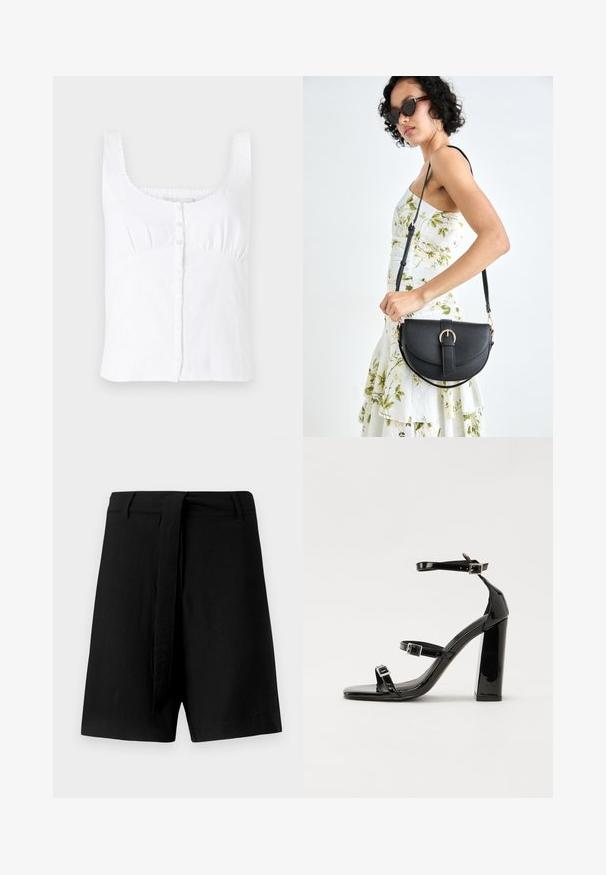 Fehér len ujjatlan felső, kerek nyakkivágással, elöl gombos záródással és diszkrét hímzett díszítéssel a pántokon. Simaság jellemzi.; Fekete len sort magas derékkal, szövet derékpánttal és oldalsó zsebekkel, sima textúrával és laza fazonnal.; Fekete lakk magas sarkú szandál négyzet alakú orral, bokapántokkal és ezüst csatokat tartalmaz. Masszív blokk sarka a stabilitásért felel.; Fekete bőrtáska ívelt formával, levehető pánttal és arany színű fémrészekkel. A táskán egy csattal díszített fedél található.