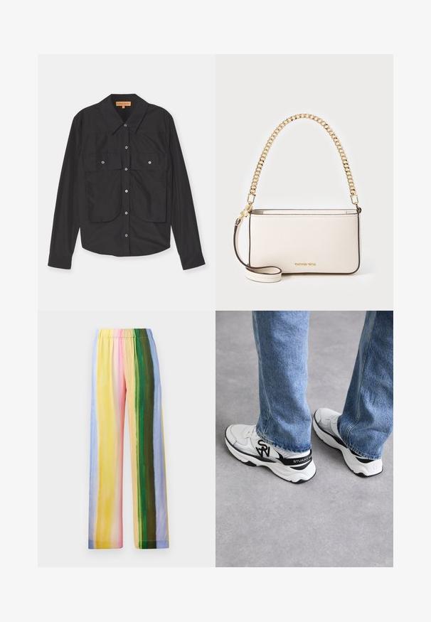 Svart langermet skjorte med spiss krage, to frontlommer og knappelukking. Laget av glatt materiale med en lett skinnende overflate.; Videbukser med elastisk midje, med vertikale striper i pastellfarger: gul, rosa, grønn, blå og lys lilla. Glatt tekstur.; Hvite og grå treningssko med en teksturert mesh-overdel, svarte detaljer og en fremtredende logo på siden og hælen, kombinert med blå jeans.; Hvit skinnveske med teksturert overflate, med gullkjedehank og avtagbar skulderrem. Logo preget foran.