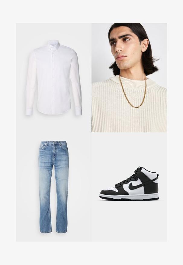 Bílá košile s dlouhým rukávem vyrobená z bavlny, s klasickým límcem, předními knoflíky a minimálním detailem šití.; Černá dlouhá rukávová košile vyrobená z bavlny, s logem "032c" na hrudi a tučným bílým textem "WORKSHOP" podél levého rukávu.; Světle modré džíny s rovnými nohavicemi, s vybledlým povrchem, pěti kapsami a zapínáním na knoflík. Klasický design a střední tloušťka.; Černobílé vysoké tenisky s koženým svrškem, perforovanou špičkou, výrazným logem swoosh a texturovanou gumovou podrážkou.; Zlatý řetězový náhrdelník nošený přes krémový pletený svetr s žebrovaným vzorem; měkká textura s vysokým límcem a jemným vzorem v látce.