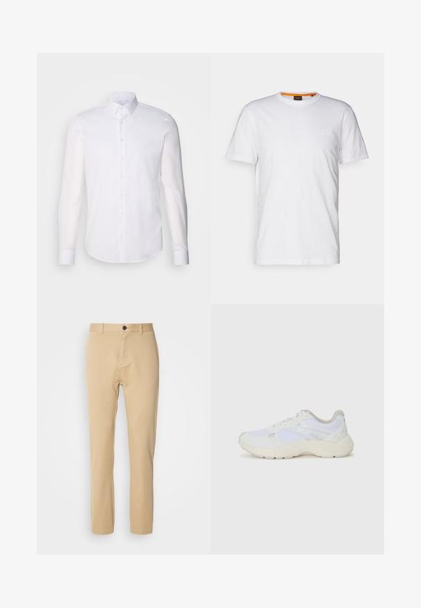 Fehér, hosszú ujjú, gombos ing, pamutból készült, klasszikus gallérral, elöl gombokkal és minimalista varrási részletekkel.; Fehér pamut póló kerek nyakkivágással, rövid ujjakkal, és finoman domborított logóval a mellkason. A belső címke narancssárga akcentussal rendelkezik.; Bezs színű chinos nadrág sima pamut anyagból, slim fit szabás, lapos elejű, övhurkokkal és egy gombos záródással. Finoman kidolgozott, diszkrét varrással.; Fehér sportcipők, amelyek hálós és velúr anyagból készültek, texturált középtalppal, texturált részletekkel és a "HUGO" logóval az oldalon.