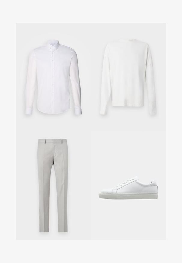 Hvit langermet skjorte med knapper laget av bomull, med klassisk krage, frontknapper og minimal sømdetalj.; Langermet hvit bomullsskjorte med rund hals, sidespalter nederst og en jevn tekstur, vist fra baksiden.; Lys grå skreddersydde bukser med en jevn tekstur, flat front og to sidelommer. Har rett ben og subtile leggdetaljer.; Hvit sneakers med en glatt skinnoverdel og lav profil. Har en rund tå, seks snøring hull, og en teksturert gummisåle.