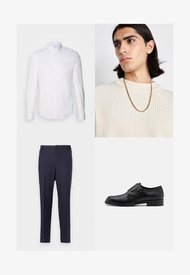 Valge pikkade varrukatega nööpidega särk, mis on valmistatud puuvillast, klassikalise krae, eest nööpide ja minimaalsete õmblusdetailidega.; Tumed sinised püksid, millel on lame ees, elastne vöökoht ja nupuga kinnitamine. Sirge lõige ja sile tekstuur, sobivad nii ametlikuks kui ka lõdvaks kandmiseks.; Musta nahast kleitking, kus on kaks pandlat, voolava silueti ja ümarate varvastega. Omab madalat kontsa ja siledat tekstuuri.; Kuldne kettkaelakee, mis on kantud kreemjas ribakudumisest ülesse; pehme tekstuur kõrgema kaelusega ja õrn muster kangas.