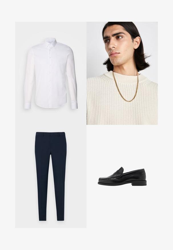 Bílá košile s dlouhým rukávem vyrobená z bavlny, s klasickým límcem, předními knoflíky a minimálním detailem šití.; Námořnické modré kalhoty s úzkým střihem, hladkým předním dílem a poutek na opasek, vyrobené z hladkého materiálu. Žádné viditelné vzory ani ozdoby.; Černé kožené mokasíny s hladkým povrchem, prošíváním na špičce a nízkým podpatkem pro komfort a styl.; Zlatý řetězový náhrdelník nošený přes krémový pletený svetr s žebrovaným vzorem; měkká textura s vysokým límcem a jemným vzorem v látce.