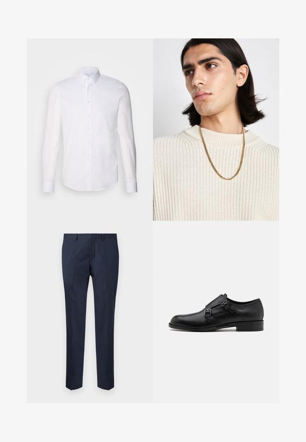 Bela srajca z dolgimi rokavi in gumbom, izdelana iz bombaža, z klasičnim ovratnikom, sprednjimi gumbi in minimalnimi šivi.; Mornarsko modre krojene hlače, izdelane iz gladkega materiala. Imajo ravno obliko z ravnimi hlačnicami in stranskimi žepi.; Črne usnjene oblečne čevlje z dvema sponkama, elegantna silhueta in okrogla nos. Imajo nizek peto in gladko teksturo.; Zlata verižica nosena preko kremnega pletenega puloverja; mehka tekstura z visokim ovratnikom in subtilnim vzorcem v tkanini.