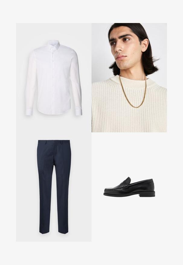 Bela srajca z dolgimi rokavi in gumbom, izdelana iz bombaža, z klasičnim ovratnikom, sprednjimi gumbi in minimalnimi šivi.; Mornarsko modre krojene hlače, izdelane iz gladkega materiala. Imajo ravno obliko z ravnimi hlačnicami in stranskimi žepi.; Črne usnjene loafer čevlje z gladko površino, šivani detajli na prstu in nizka peta za udobje in stil.; Zlata verižica nosena preko kremnega pletenega puloverja; mehka tekstura z visokim ovratnikom in subtilnim vzorcem v tkanini.