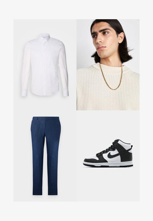 Bílá košile s dlouhým rukávem vyrobená z bavlny, s klasickým límcem, předními knoflíky a minimálním detailem šití.; Námořnické modré kalhoty vyrobené z texturované tkaniny, s rovnými nohavicemi a klasickým plochým střihem. Žádné viditelné vzory nebo akcenty.; Černobílé vysoké tenisky s koženým svrškem, perforovanou špičkou, výrazným logem swoosh a texturovanou gumovou podrážkou.; Zlatý řetězový náhrdelník nošený přes krémový pletený svetr s žebrovaným vzorem; měkká textura s vysokým límcem a jemným vzorem v látce.