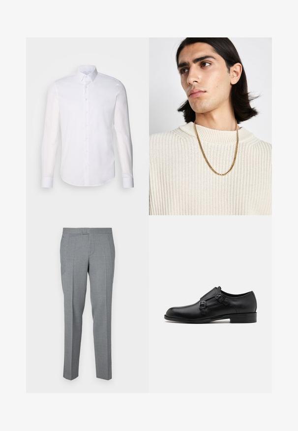 Hvid langærmet button-up skjorte lavet af bomuld, med en klassisk krave, frontknapper og minimal syning detalje.; Grå skræddersyede bukser lavet af tekstureret stof, med glat front, bæltesløjfer og to sidelommer. Lige ben design.; Sort læderherresko med dobbelte spænder, slank silhuet og rund tå. Har en lav hæl og glat tekstur.; Guld kædese, der bæres over en cremet ribstrikket sweater; blød tekstur med høj krave og et diskret mønster i stoffet.