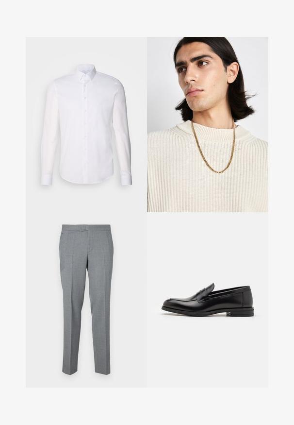 Hvid langærmet button-up skjorte lavet af bomuld, med en klassisk krave, frontknapper og minimal syning detalje.; Grå skræddersyede bukser lavet af tekstureret stof, med glat front, bæltesløjfer og to sidelommer. Lige ben design.; Sorte læderloafers med en glat overflade, rund tå og en dekorativ strop over vampen. Lav hæl med stabeldesign, minimalistisk stil.; Guld kædese, der bæres over en cremet ribstrikket sweater; blød tekstur med høj krave og et diskret mønster i stoffet.