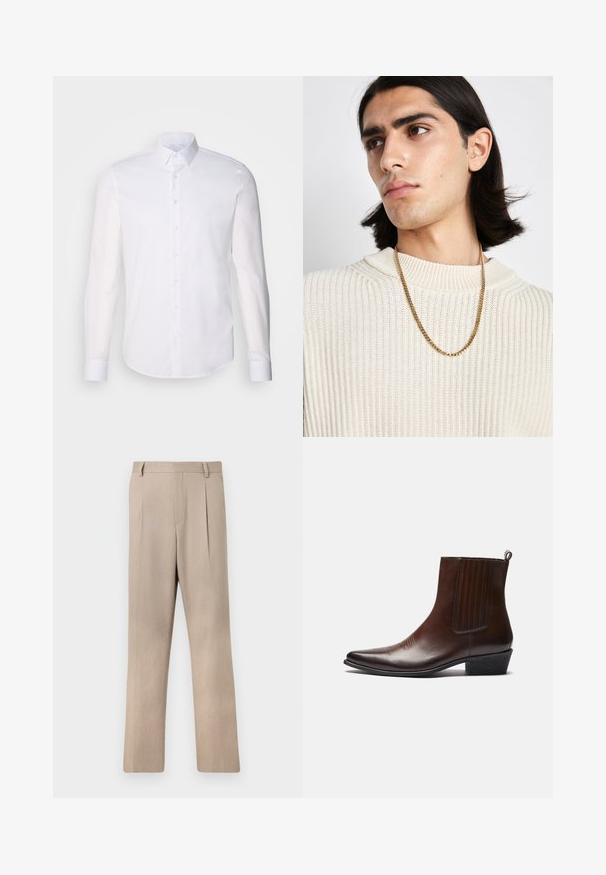 Camicia bianca a maniche lunghe con bottoni realizzata in cotone, caratterizzata da un colletto classico, bottoni frontali e dettagli di cucitura minimal.; Pantaloni beige chiaro su misura con un design a gamba dritta, caratterizzati da una texture liscia e pieghe frontali per un tocco di dettaglio.; Stivale alla caviglia in pelle marrone con punta affusolata, pannelli elastici laterali, dettagli testurizzati sul davanti e tacco basso a scossaline.; Collana in oro indossata sopra un maglione a coste crema; texture morbida con colletto alto e un motivo sottile nel tessuto.