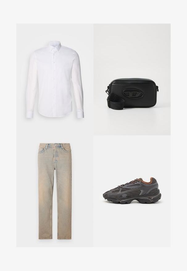 Vit långärmad skjorta med knappar tillverkad av bomull, har en klassisk krage, framskjuta knappar och minimal sömnadsdetalj.; Ljust beige denimjeans med rak passform. Har fem fickor, knäppning med knapp och subtil blekning längs tygets yta.; Lacoste-sneakers i mörkgrått med nät och syntetmaterial, med en strukturerad sula och bruna detaljer på kragen och varumärket.; Svart läder axelväska med rektangulär form, en texturerad yta, präglad logotyp och ett justerbart band. Dragkedjestängning upptill.