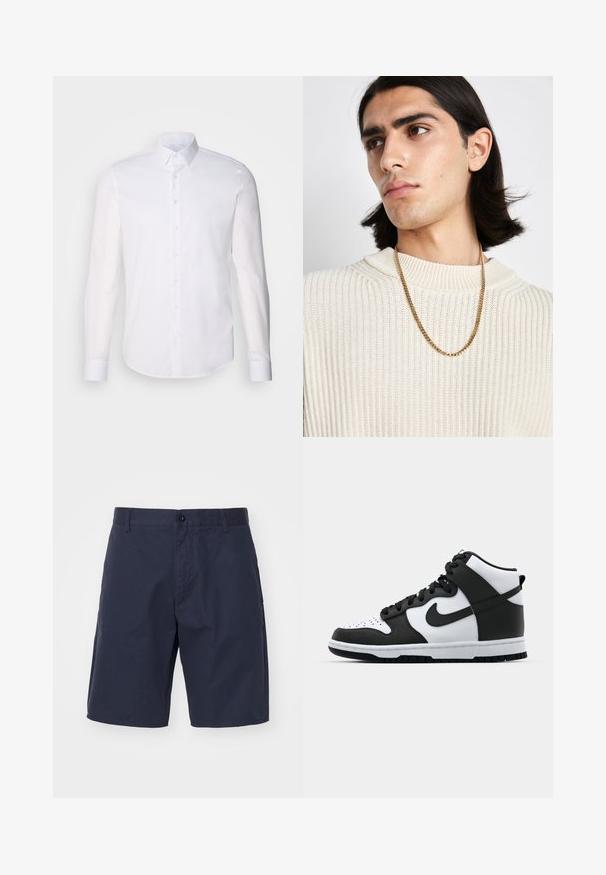 White long-sleeve button-up shirt made from cotton, featuring a classic collar, front buttons, and minimal stitching detail.; Navy blue shorts made of lightweight fabric with a button closure, side pockets, straight cut, and visible stitching details.; Black and white high-top sneaker with leather upper, perforated toe box, prominent swoosh logo, and textured rubber sole.; Gold chain necklace worn over a cream ribbed knit sweater; soft texture with a high collar and a subtle pattern in the fabric.