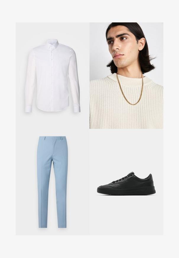 Bílá košile s dlouhým rukávem vyrobená z bavlny, s klasickým límcem, předními knoflíky a minimálním detailem šití.; Svetle modré oblekové kalhoty s úzkým střihem, hladkou texturou, sklady na přední straně, přiléhavým pasem a poutky na pásek. Žádné viditelné kapsy.; Černé tenisky s hladkým koženým svrškem, kulatou špičkou, plochými tkaničkami, polstrovaným límcem a minimalistickým designem. Gumová podrážka s jemným vzorkem.; Zlatý řetězový náhrdelník nošený přes krémový pletený svetr s žebrovaným vzorem; měkká textura s vysokým límcem a jemným vzorem v látce.