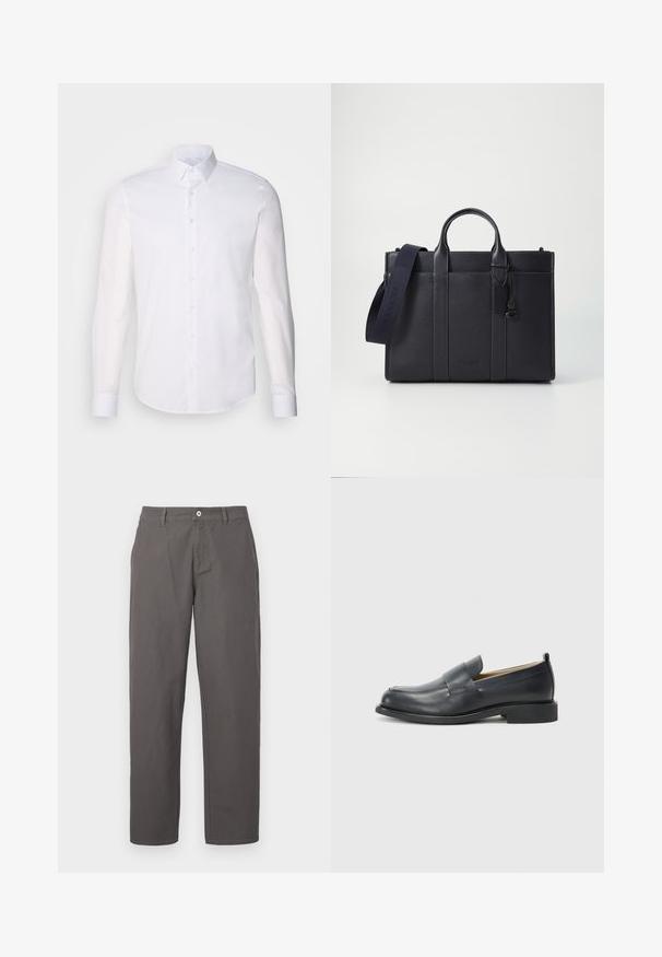Chemise blanche à manches longues en coton, dotée d'un col classique, de boutons à l'avant et de détails de couture minimalistes.; Pantalons en coton gris au design droit, avec fermeture à bouton à l'avant, fermeture à glissière et poches latérales. Texture lisse, sans motifs.; Mocassins en cuir noir avec une finition lisse, une semelle plate et un bout arrondi, ornés d'une sangle décorative sur le dessus.; Malette en cuir bleu marine foncé avec deux poignées supérieures et une sangle détachable. Présente une finition texturée, des coutures verticales et un détail de logo.