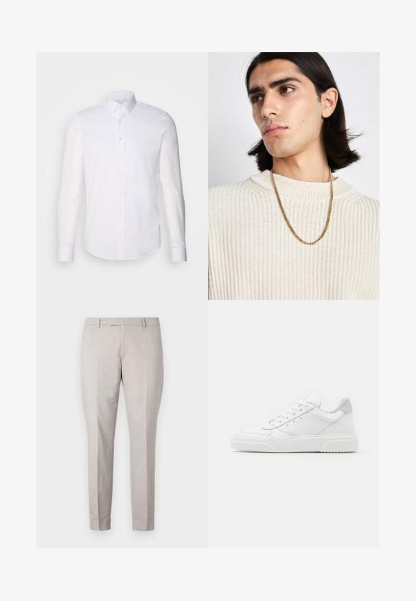 Λευκό πουκάμισο με μακριά μανίκια και κουμπάκια, φτιαγμένο από βαμβάκι, με κλασικό γιακά, μπροστινά κουμπιά και ελάχιστες λεπτομέρειες ραφής.; Ανοιχτό γκρι παντελόνι από μαλακό υλικό, με ίσιο μπροστινό μέρος, ευθείες γραμμές και ραμμένη ζώνη με βρόχους για ζώνη.; Λευκά δερμάτινα αθλητικά παπούτσια με απλή επιφάνεια, στρογγυλή μύτη, επίπεδα κορδόνια και ανάγλυφη σόλα. Γκρι σουέτ λεπτομέρεια στη φτέρνα.; Χρυσή αλυσίδα κολιέ φορεμένη πάνω από ένα κρεμ ribbed πλεκτό πουλόβερ; μαλακή υφή με ψηλό γιακά και μια διακριτική σχέδιο στο ύφασμα.