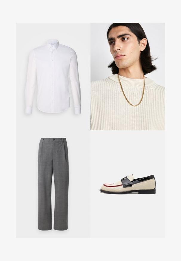 Balta kokvilnas krekla garajām piedurknēm ar pogām, kura dizainā ir klasiskā apkakle, priekšējās pogas un minimālistiska šuvju detaļa.; Pelēki bikses ar vertikālām baltām svītrām. Izgatavotas no gludas auduma, ar pogu aizdari un platu kāju dizainu.; Beige loafers ar izsistām rakstām, sarkanu akcenta svītru un spīdīgu melnu papēdi. Tajos ir siksniņa ar sprādzi. Plakans melns zole.; Zelta ķēdes kaklarota uzvilkta virs krēmkrāsas ribota džempera; mīksta tekstūra ar augstu apkakli un smalku rakstu audumā.