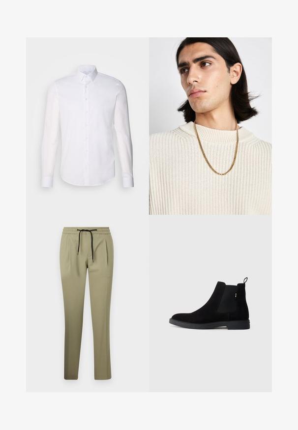 Baltas ilgas rankoves mygtukinis marškinys, pagamintas iš medvilnės, su klasikinio tipo apykakle, priekyje esančiais mygtukais ir minimaliais siuvinėjimo detalėmis.; Chaki kelnės iš sklandžios medžiagos su atsipalaidavusiu kirpimu, turinčios elastingą juosmenį ir raištelį. Tiesaus kirpimo su šoninėmis raukšlėmis.; Juodos zomšinės Chelsea botai su elastingais šonais, apvalia nosimi ir žemu guminiu padu. Yra kilpos užpakalyje, kad būtų lengva apsiauti.; Auksinė grandinėlė, dėvima ant grietinėlės spalvos pagal įstrižainę megztinio; švelni tekstūra su aukštu apykakle ir subtiliu audinio raštu.