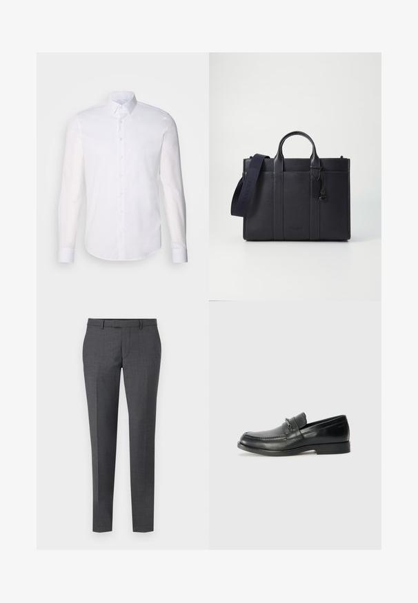 White long-sleeve button-up shirt made from cotton, featuring a classic collar, front buttons, and minimal stitching detail.; Gray tailored trousers with a smooth texture, straight fit, flat front, and belt loops. Features a subtle check pattern and crease down the front.; Black leather loafers with a rounded toe, featuring a stitched design, a small front strap with hardware detailing, and a flat rubber sole.; Dark navy leather briefcase with dual top handles and a detachable strap. Features textured finish, vertical stitching, and logo detail.