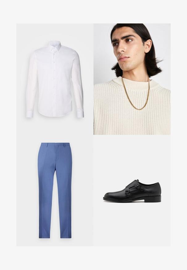 Valge pikkade varrukatega nööpidega särk, mis on valmistatud puuvillast, klassikalise krae, eest nööpide ja minimaalsete õmblusdetailidega.; Heleda helesinine püksid, millel on sile tekstuur, teravad voldid, lame eesmine osa ning nähtamatud taskud või kaunistused.; Musta nahast kleitking, kus on kaks pandlat, voolava silueti ja ümarate varvastega. Omab madalat kontsa ja siledat tekstuuri.; Kuldne kettkaelakee, mis on kantud kreemjas ribakudumisest ülesse; pehme tekstuur kõrgema kaelusega ja õrn muster kangas.