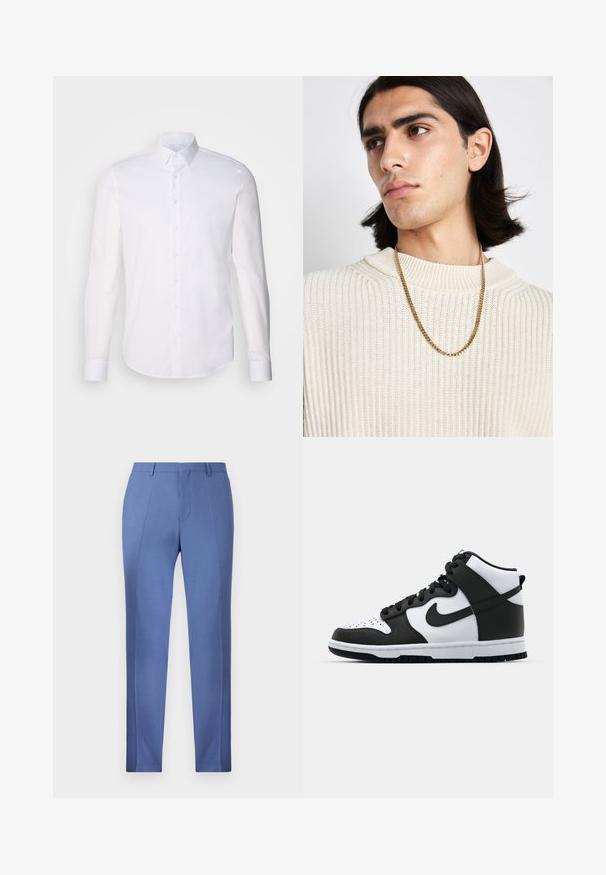 Valkoinen pitkähihaista napitettava paita, joka on valmistettu puuvillasta. Paitassa on klassinen kaulus, etunapit ja vähäinen ompelu yksityiskohtana.; Vaaleansiniset muotolöydöt ovat sileäpintaiset, joissa on terävät taitteet, litteä etuosa ja ilman näkyviä taskuja tai koristeluja.; Mustavalkoinen korkeavartinen lenkkari, jossa on nahkainen päällinen, reikäkärkikuvio, merkittävä swoosh-logo ja teksturoitu kumipohja.; Kultaketju, joka on puettu vaaleankermanvärisen ribbineuleen päälle; pehmeä rakenne, jossa on korkea kaulus ja hienovarainen kuvio kankaan pinnassa.