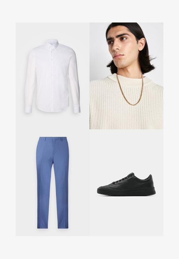 Camicia bianca a maniche lunghe con bottoni realizzata in cotone, caratterizzata da un colletto classico, bottoni frontali e dettagli di cucitura minimal.; Pantaloni su misura blu chiaro con una texture liscia, caratterizzati da pieghe nette, una parte frontale piatta e senza tasche o decorazioni visibili.; Sneaker nera con tomaia in pelle liscia, punta rotonda, lacci piatti, collare imbottito e design minimalista. Suola in gomma con un delicato motivo a rilievo.; Collana in oro indossata sopra un maglione a coste crema; texture morbida con colletto alto e un motivo sottile nel tessuto.