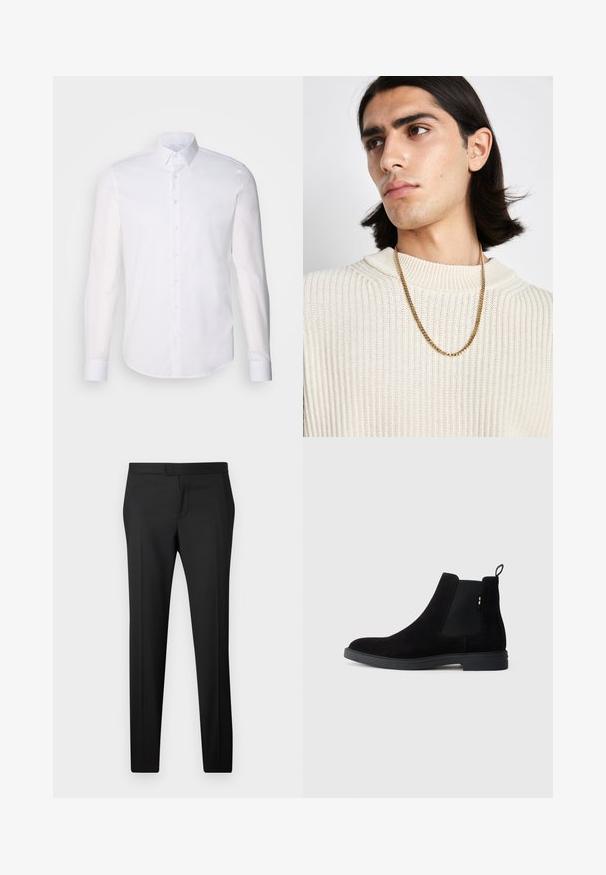 Biela košeľa s dlhým rukávom, vyrobená z bavlny, s klasickým golierom, prednými gombíkmi a minimálnym prešívaním.; Čierne elegantné nohavice so skôr rovný strih, vyrobené z hladkej tkaniny. Majú plochý predok, pútka na opasok a žiadne viditeľné vzory ani ozdoby.; Čierne semišové Chelsea topánky s elastickými bočnými panelmi, okrúhlou špičkou a nízkou gumovou podrážkou. Obsahujú pútko na zadnej strane pre jednoduché obúvanie.; Zlatý náhrdelník nosený cez krémový rebrovaný pletený sveter; mäkká textúra s vysokým golierom a jemným vzorom v látke.