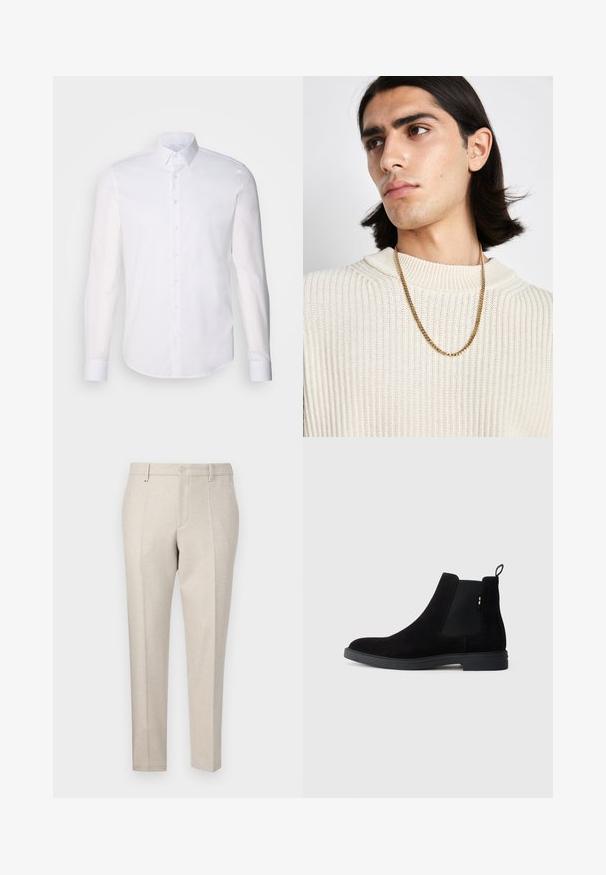Fehér, hosszú ujjú, gombos ing, pamutból készült, klasszikus gallérral, elöl gombokkal és minimalista varrási részletekkel.; Beige, texturált anyagból készült, klasszikus szabású, vasalt hajtásokkal és elülső zsebekkel ellátott nadrág.; Fekete velúr Chelsea csizma, elasztikus oldalpanellel, lekerekített orral és alacsony gumitalppal. Hátulján húzófül található az egyszerű felvétel érdekében.; Aranylánc nyaklánc egy krém színű bordázott kötött pulóver fölött; puha textúra, magas gallér és finom minta a szövetben.