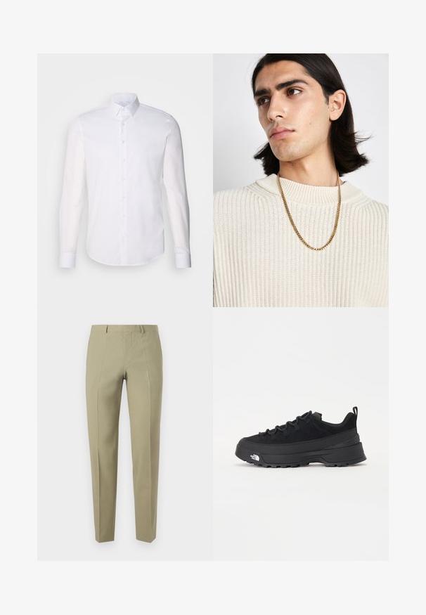 Witte lange mouwen overhemd met knopen, gemaakt van katoen, voorzien van een klassieke kraag, voorkant met knopen en minimale stikdetails.; Khaki broek met een slim fit, gemaakt van een gladde stof. Bevat voorplooien, riemlussen en een ritssluiting.; Zwarte outdoor sneaker met een suede bovenkant, een gestructureerde rubberen zool en een stevig vetersysteem. Heeft een versterkte hiel en een merklogo aan de zijkant.; Gouden kettinghalsketting gedragen boven een crème geribbelde gebreide trui; zachte textuur met een hoge kraag en een subtiel patroon in de stof.