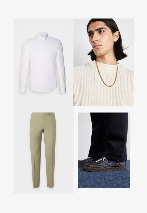 Camisa blanca de manga larga y botones, hecha de algodón, que presenta un cuello clásico, botones en la parte delantera y un detalle de costura minimalista.; Pantalones caqui con corte ajustado, confeccionados en una tela suave. Presentan pliegues frontales, trabillas para cinturón y cierre de cremallera.; Nike Sportswear KILLSHOT 2 LTR PRM OPP2 - Zapatillas - black sail baroque brown mtlc dk grey; Collarín de oro sobre un suéter de punto ribeteado color crema; textura suave con un cuello alto y un patrón sutil en la tela.