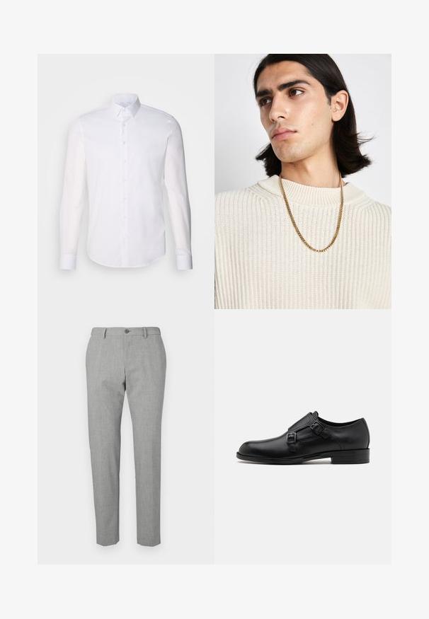Fehér, hosszú ujjú, gombos ing, pamutból készült, klasszikus gallérral, elöl gombokkal és minimalista varrási részletekkel.; Szürke nadrág, amely textúrált anyagból készült, gombos záródással, testre szabott fazonnal és egyenes szárú kialakítással.; Fekete bőrcipő, dupla csattal, letisztult sziluettel és kerek orral. Alacsony sarka és sima felülete van.; Aranylánc nyaklánc egy krém színű bordázott kötött pulóver fölött; puha textúra, magas gallér és finom minta a szövetben.