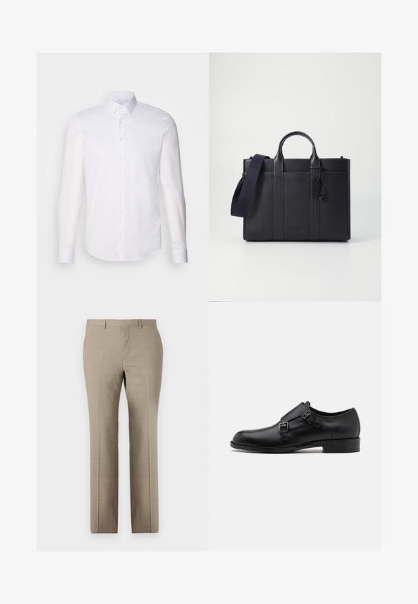 Valge pikkade varrukatega nööpidega särk, mis on valmistatud puuvillast, klassikalise krae, eest nööpide ja minimaalsete õmblusdetailidega.; Beezid kohandatud püksid, millel on sile tekstuur, sirge jalgade disain, peen ruuduline muster ja lame esiosa. Kahe tagatasku abil.; Musta nahast kleitking, kus on kaks pandlat, voolava silueti ja ümarate varvastega. Omab madalat kontsa ja siledat tekstuuri.; Tumedat mere nahkbriefcase kahekordsete ülemiste käepidemetega ja eemaldatava rihmaga. Omab tekstureeritud viimistlust, vertikaalset õmblust ja logodetaili.