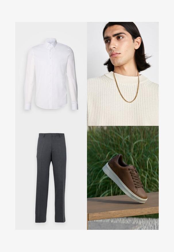 Vit långärmad skjorta med knappar tillverkad av bomull, har en klassisk krage, framskjuta knappar och minimal sömnadsdetalj.; Mörkgrå skräddarsydda kostymbyxor för herr med bälteshällor och framveck, visade mot en vit bakgrund.; Bruna lädersneakers med vit gummisula, rund tå och bruna snörningar. Texturerat grepp på sulan och slät yta på överdelen.; Guldhalsband bärs över en krämfärgad ribbad stickad tröja; mjuk textur med hög krage och ett subtilt mönster i tyget.