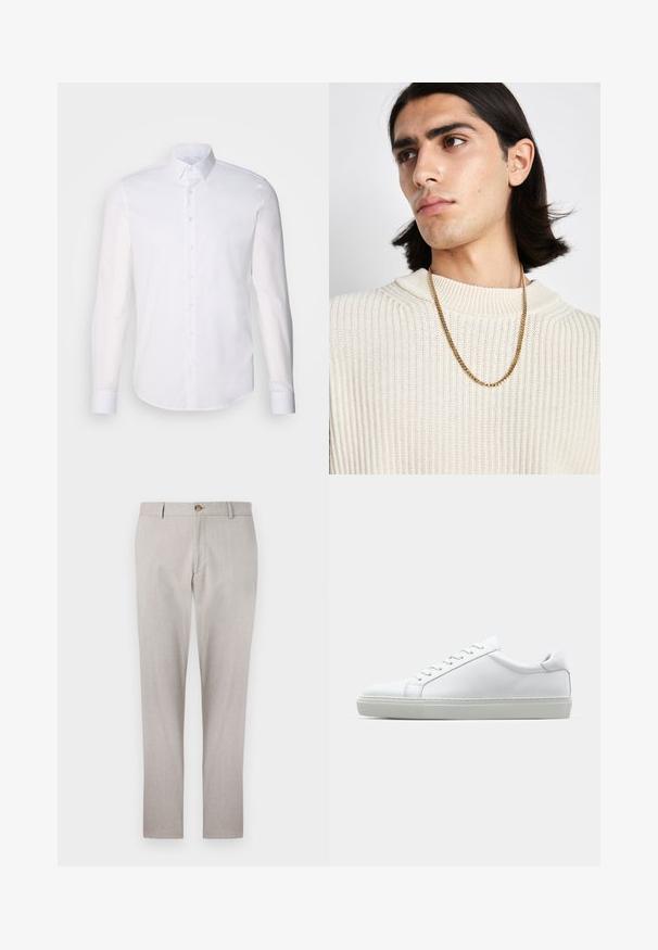 White long-sleeve button-up shirt made from cotton, featuring a classic collar, front buttons, and minimal stitching detail.; Light gray linen trousers with a tailored design, button closure, side pockets, and a straight leg cut. Soft texture and minimal stitching details.; White sneaker with a smooth leather upper and a low profile. Features a rounded toe, six eyelets, and a textured rubber sole.; Gold chain necklace worn over a cream ribbed knit sweater; soft texture with a high collar and a subtle pattern in the fabric.