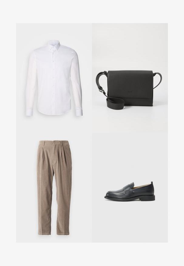 Hvit langermet skjorte med knapper laget av bomull, med klassisk krage, frontknapper og minimal sømdetalj.; Beige kordfløyelsbukser med avslappet passform, med legg, knappelukking og sidelommer, teksturert overflate og avsmalnende ben.; Sorte lærloafers med en glat overflade, en flad sål og en rund tå med en dekorativ rem over toppen.; Svart skinn crossover-veske med teksturert overflate, rektangulær form, klaffelukking, justerbar stropp og subtil logo-detalle.