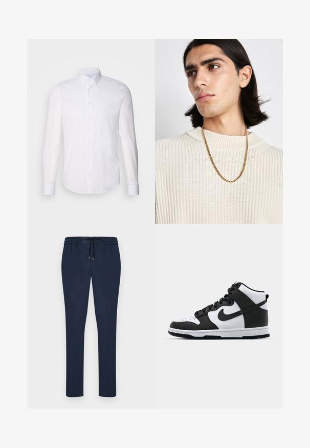 Baltas ilgas rankoves mygtukinis marškinys, pagamintas iš medvilnės, su klasikinio tipo apykakle, priekyje esančiais mygtukais ir minimaliais siuvinėjimo detalėmis.; Tamsiai mėlynos sportinės kelnės su raišteliu juosmenyje, siaurėjančiomis kojomis ir švelnia, lygiomis medžiagomis. Be kišenių ar išskirtinių raštų.; Juoda ir balta aukštakulnė sportinė avalynė su odiniu viršumi, perforuota pirštų dėžutė, išraiškingas swoosh logotipas ir struktūruotas gumos padas.; Auksinė grandinėlė, dėvima ant grietinėlės spalvos pagal įstrižainę megztinio; švelni tekstūra su aukštu apykakle ir subtiliu audinio raštu.