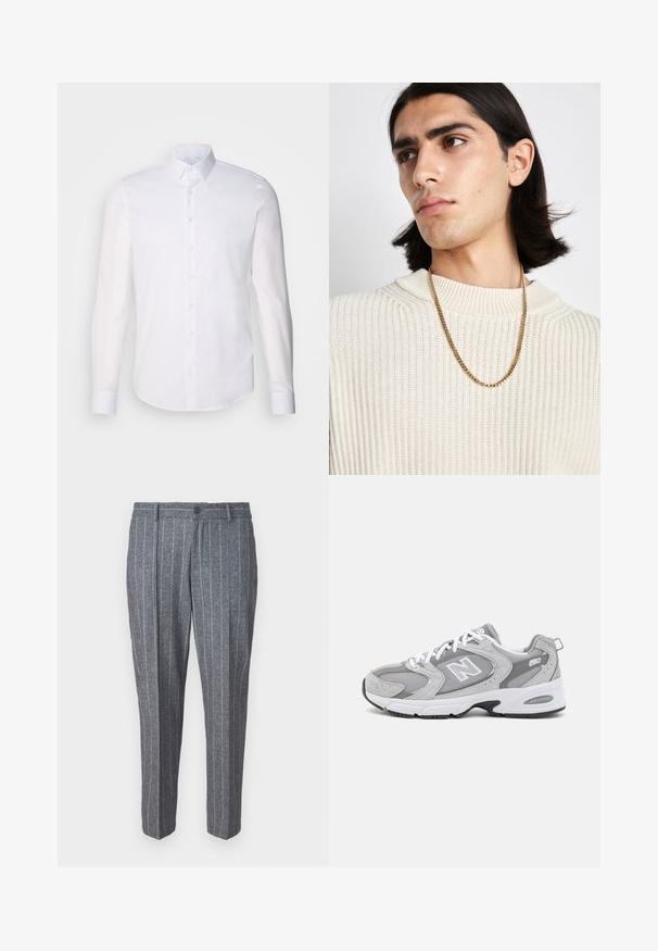 Valge pikkade varrukatega nööpidega särk, mis on valmistatud puuvillast, klassikalise krae, eest nööpide ja minimaalsete õmblusdetailidega.; Hallide villa segu materjalist püksid, millel on triibuline muster, nupuga sulgemine, sirge lõige ja pahkluuni ulatuv disain.; Hallid hallid spordijalatsid, millel on võrkmaterjalist ja nahast pealisosa, valged siidid ja must vooder. Omab silmapaistvat "N" logo ja pehmendatud krae.; Kuldne kettkaelakee, mis on kantud kreemjas ribakudumisest ülesse; pehme tekstuur kõrgema kaelusega ja õrn muster kangas.