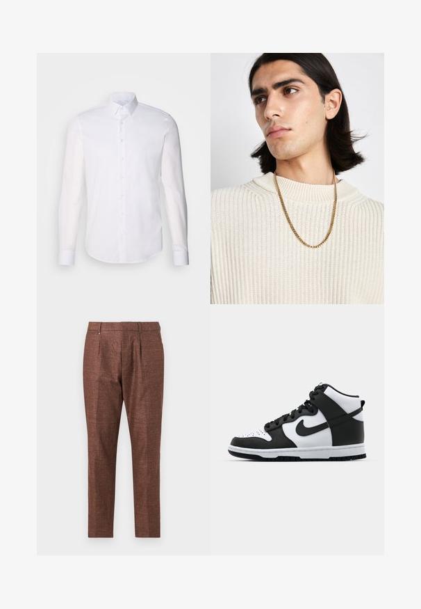 Biała, długosleeve koszula zapinana na guziki z bawełny, z klasycznym kołnierzykiem, guzikami z przodu i minimalnymi detalami przeszycia.; Brązowe, teksturowane spodnie o dopasowanym kroju, z płaskim przodem, dwiema przednimi kieszeniami i subtelnym połyskiem.; Czarno-białe sneakersy typu high-top z skórzaną cholewą, perforowanym noskiem, wyraźnym logo Swoosh i teksturowaną gumową podeszwą.; Złoty naszyjnik noszony na kremowym swetrze z prążkowanego dzianiny; miękka tekstura z wysokim kołnierzem i subtelnym wzorem w tkaninie.