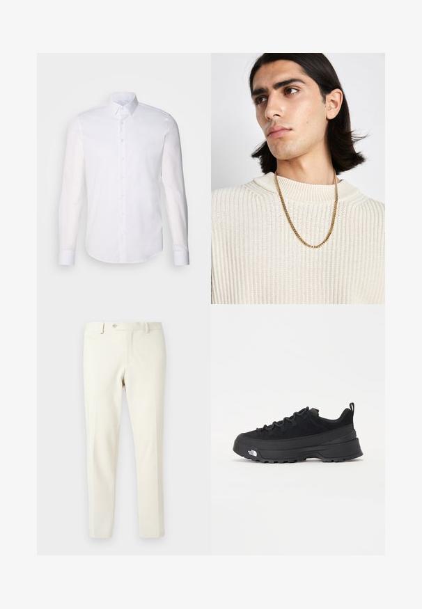 Baltas ilgas rankoves mygtukinis marškinys, pagamintas iš medvilnės, su klasikinio tipo apykakle, priekyje esančiais mygtukais ir minimaliais siuvinėjimo detalėmis.; Šviesiai smėlio spalvos kelnės, pagamintos iš lygaus audinio. Yra priekinis užtrauktukas, mygtuko užsegimas ir kampu suformuoti šoniniai kišenės, su liesa siluetu.; Juodas lauko sportinis batelis su zomšiniu viršumi, tekstūruota guma padais ir tvirtas raištelių sistema. Yra sustiprinta kulno dalis ir prekės ženklo logotipas šone.; Auksinė grandinėlė, dėvima ant grietinėlės spalvos pagal įstrižainę megztinio; švelni tekstūra su aukštu apykakle ir subtiliu audinio raštu.
