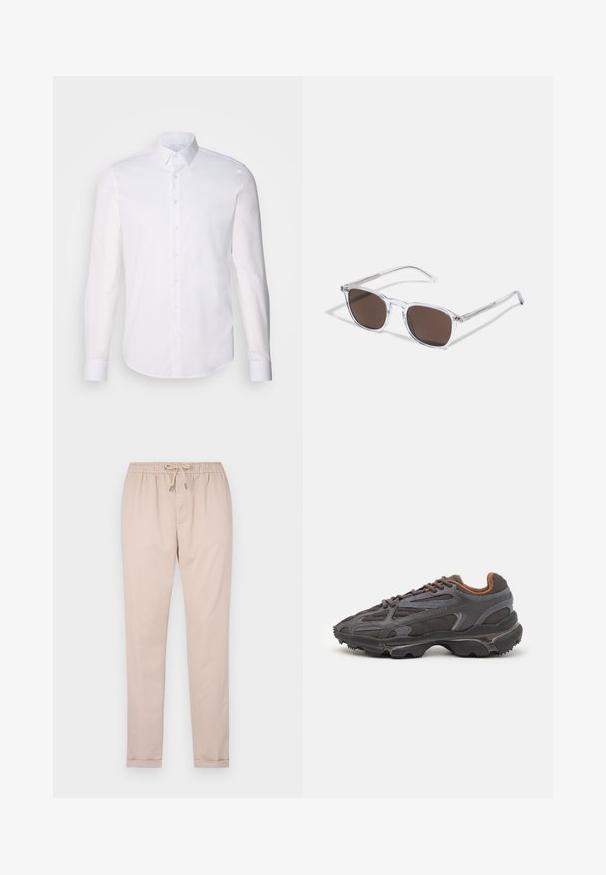 Cămașă albă cu mânecă lungă, tip bluză cu nasturi, fabricată din bumbac, având un guler clasic, nasturi pe față și detalii minime de coasere.; Pantaloni bej deschis, confecționați dintr-un material moale, având un braguet elastic cu șnur, picioare înguste și tivuri cu mansete.; Adidași Lacoste de culoare gri închis, din material mesh și sintetic, cu o talpă texturată și accente maronii pe guler și branding.; Ochelari de soare din plastic transparent cu lentile dreptunghiulare maro, având brațe subțiri, transparente și accente metalice pe tâmple.