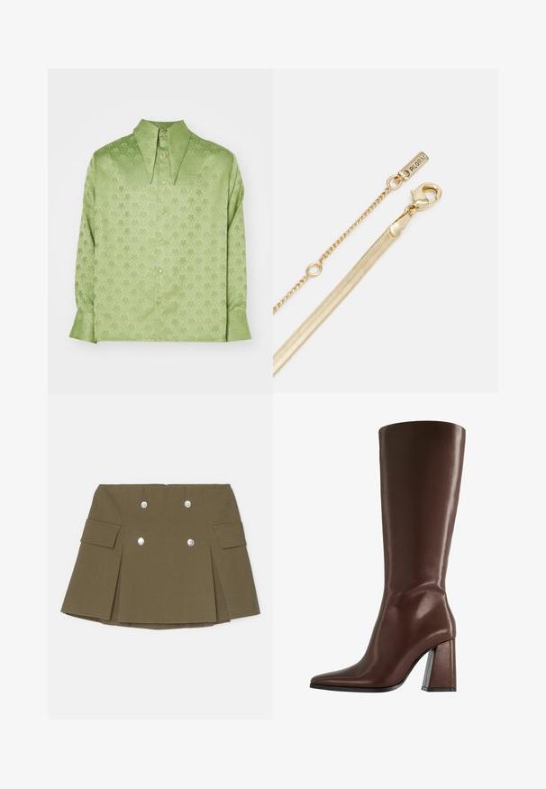 Sister Jane UNISEX - Blúzka so zapínaním na gombíky - green; Olivovo zelená mini sukňa vyrobená z textúrovanej látky, so striebornými dvojradovými gombíkmi a bočnými vreckami s plisovaným dizajnom.; Hnedá kožená boot s dĺžkou po kolená, s špicatou špičkou a masívnym priehľadným podpätkom. Hladká textura s minimálnym zdobením.; Zlatý reťaz s karabínou a malou visačkou s nápisom "PILGRIM". Má hladký, štruktúrovaný povrch a elegantný, predĺžený dizajn.