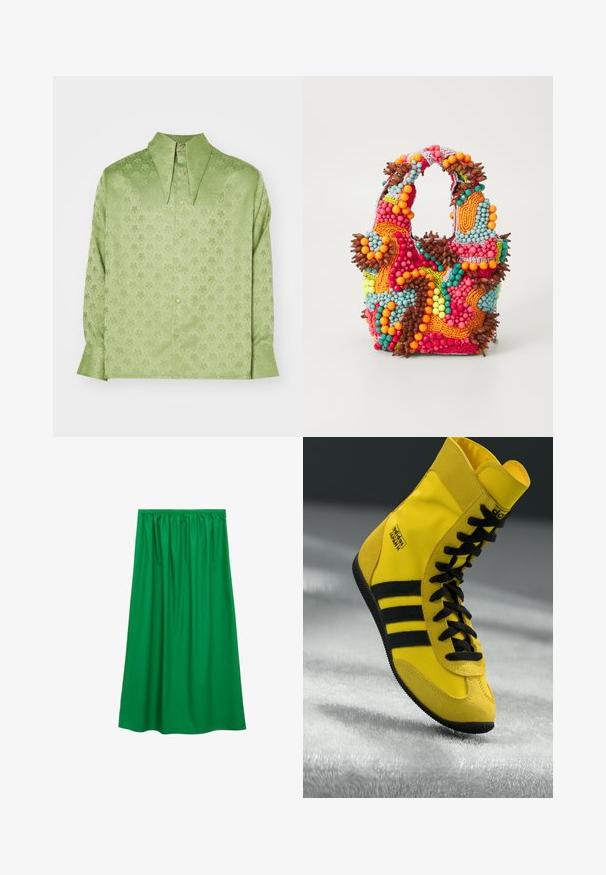 Sister Jane UNISEX - Cămașă - green; Fustă verde, până la gleznă, fabricată dintr-un material neted, cu un waistband elastic și un design adunat, fără modele vizibile sau ornamente.; Sneakers înalte din material sintetic galben, cu șirete negre, trei dungi negre și branding pe lateral. Talpă texturată din cauciuc.; Geantă cu mărgele, caracterizată prin culori vibrante: roz, portocaliu, albastru și maro. Suprafețe texturate cu mărgele circulare și forme organice, mânere rezistente.