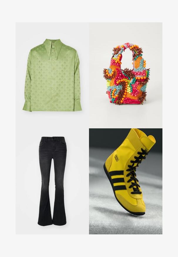 Sister Jane UNISEX - Paitapusero - green; Mustat leveälahkeet farkut, joissa on korkea vyötärö, etutaskut, nappikiinnitys ja siisti viimeistely helmassa.; Korkeat tennarit, jotka on valmistettu keltaisesta synteettisestä materiaalista, mustilla nauhoilla, kolmella mustalla raidalla ja brändäyksellä sivussa. Raskaampi kumipohja.; Käsiveski, mis on kaunistatud elavate värvidega: roosa, oranž, sinine ja pruun. Tekstuuriga pind ümmarguste helmed ja orgaanilised kujundid, vastupidavad käepidemed.