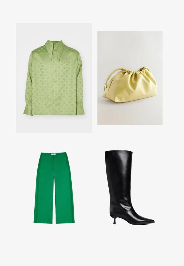 Sister Jane UNISEX - Paitapusero - green; Vihreät leveät housut, jotka on valmistettu tekstuurisesta kankaasta, ja joissa on aaltomaiset yksityiskohdat sivusaumoissa sekä rento istuvuus.; Mustassa nahasta valmistetut polvipituiset saappaat, joissa on teräväkärkinen muotoilu, hoikka siluetti ja matala lohkarekorko, joka kiiltää.; Next Pikkulaukku - yellow