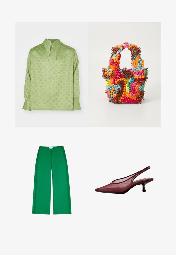 Sister Jane UNISEX - Hemdbluse - green; Grüne, weit geschnittene Hosen aus strukturiertem Stoff, mit gewellten Akzenten entlang der Seitennähte und einer lässigen Passform.; Burgunderfarbene Slingback-Pumps mit spitzer Zehe und Mesh-Obermaterial. Verfügen über einen schlanken Absatz und ein Ausschnittdesign, das eine elegante Silhouette bietet.; Perlenhandtasche in lebhaften Farben: Pink, Orange, Blau und Braun. Strukturierte Oberfläche mit kreisförmigen Perlen und organischen Formen, stabile Griffe.