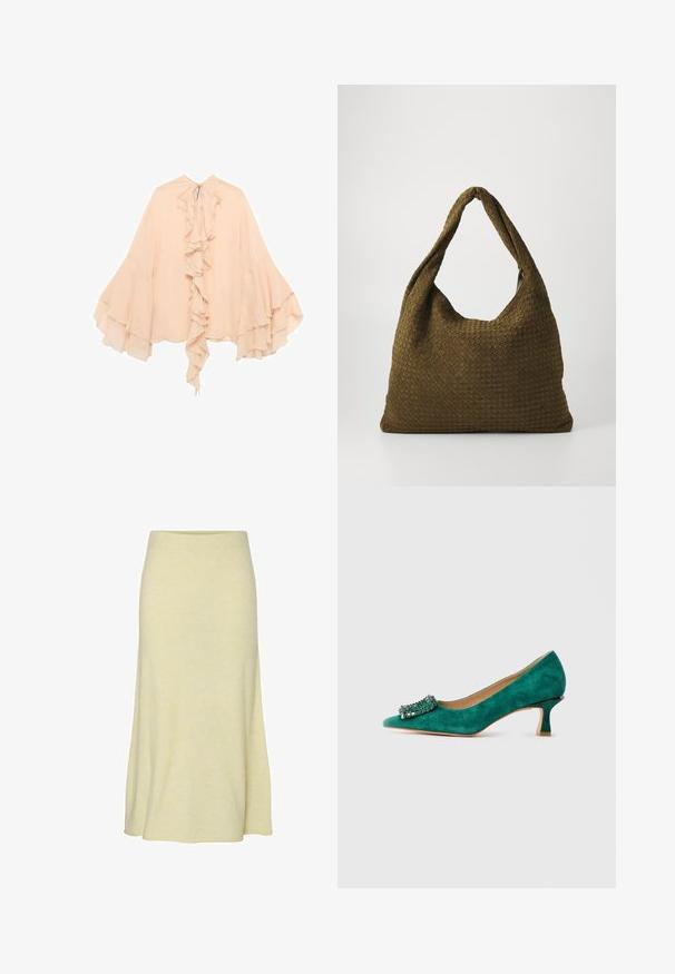 Broskvově zbarvená šifonová blůza s volány vpředu, rozšířenými rukávy a zavazováním u krku. Měkká textura a splývavý silueta.; Žlutá pletená midi sukně s žebrovaným páskem v pase, rozšířeným střihem a měkkou texturou, s hladkým povrchem bez ozdob.; Zelené semišové lodičky na nízkém podpatku s špičatou špičkou a dekoračním klenotem na přední straně, zobrazené v profilovém pohledu na bílém pozadí.; Tkaná kabelka v olivové zelené barvě s prostorným, kulatým tvarem a jedním dlouhým uchem pro nošení. Texturovaný povrch.