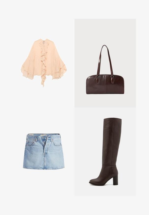 Pfirsichfarbene Chiffonbluse mit gerüschter Vorderseite, ausgestellten Ärmeln und einer Bindeschließe am Hals. Weiche Textur und fließende Silhouette.; Hellblauer Jeansrock mit tailliertem Bund, fünf Taschen, vorderem Knopfverschluss und leichter Ausbleichung im gesamten Stoff.; Braune Lederstiefel bis zum Knie mit Blockabsatz, glatter Textur, runder Spitze und minimalen Nahtdetails.; Braune Ledertasche mit zwei langen Tragegriffen, einer strukturierten rechteckigen Form, glatter Textur und abgerundeten Kanten. Besitzt Akzentdetails an den Griffen.