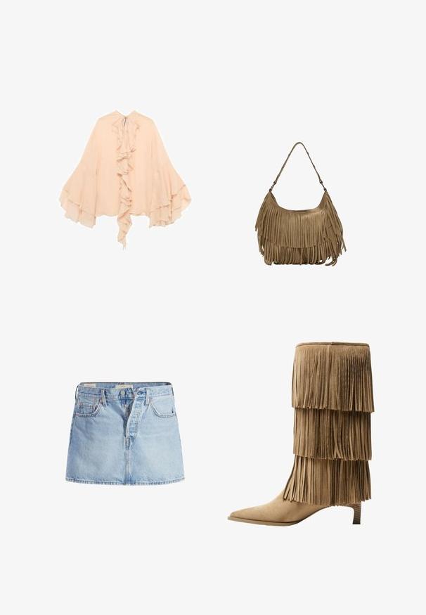 Persikka värinen sifonkiblouse, jossa on röyhelö etuosa, levenevät hihat ja solmittava kaulus. Pehmeä rakenne ja valuva siluetti.; Vaaleansininen farkkuhame, jossa on säädettävä vyötärö, viisi taskua, edessä napitus ja hentoa haalistumista koko kankaan alueella.; Fringe nilkkurit vaaleassa mokassa, joissa on kolme kerroksellista fringia. Teräväkärkiset ja matalalla blokkikorkealla varustetut. Tasainen pinta kauttaaltaan.; Ruskea mokkanahkainen käsilaukku, jossa on pitkät fringer yksityiskohdat, kaareva muoto ja yksi olkahihna. Pinta on sileä ja teksturoitu.