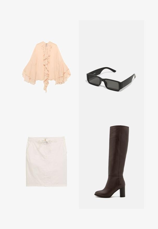 Pfirsichfarbene Chiffonbluse mit gerüschter Vorderseite, ausgestellten Ärmeln und einer Bindeschließe am Hals. Weiche Textur und fließende Silhouette.; Weißer Baumwollrock mit Kordelzugbund, zwei seitlichen Taschen und geradem Schnitt. Subtile Struktur mit glatter Oberfläche.; Braune Lederstiefel bis zum Knie mit Blockabsatz, glatter Textur, runder Spitze und minimalen Nahtdetails.; Schwarze Sonnenbrille mit rechteckigen Gläsern, mattem Kunststoffrahmen und geraden Kanten. Verfügt über das Markenlogo auf dem inneren Bügel.; Braune Ledertasche mit zwei langen Tragegriffen, einer strukturierten rechteckigen Form, glatter Textur und abgerundeten Kanten. Besitzt Akzentdetails an den Griffen.